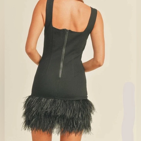 Turtleneck Commuter Long Sleeve Short Dress Ostrich Feather Black